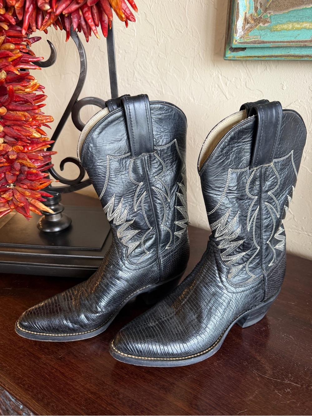 Ladies Custom Vintage Genuine Lizard Black Cowboy Boots - Leather